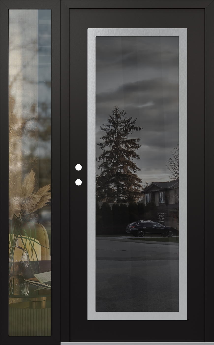 Modern Steel Front Door Diamond C1 48" x 80" black/black mirrored Glass Panel stainless steel RHI with Sidelite clear Glass