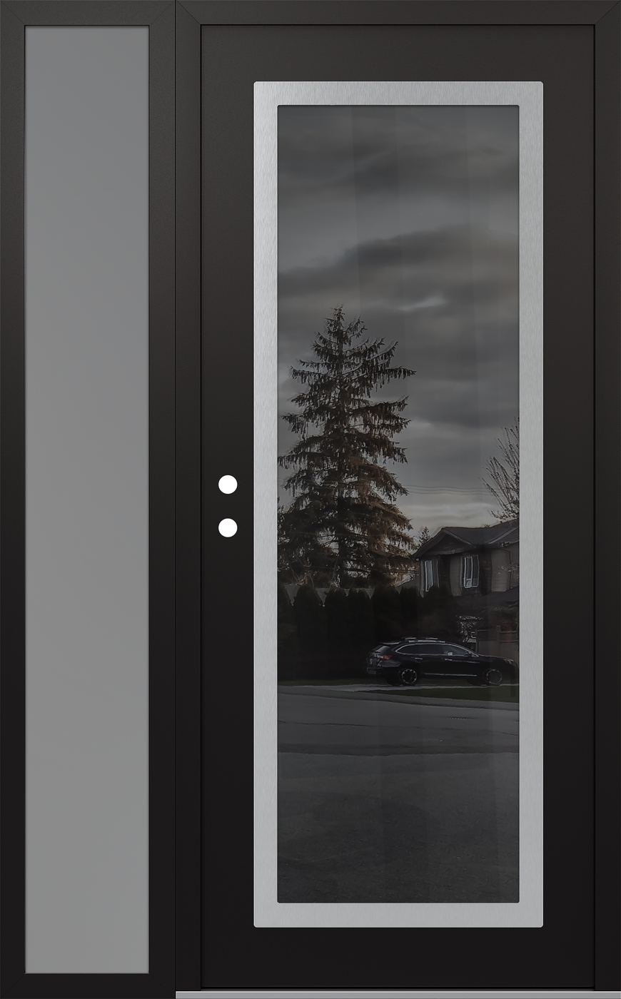 Modern Steel Front Door Diamond C1 48" x 80" black/black mirrored Glass Panel stainless steel RHI with Sidelite frosted Glass