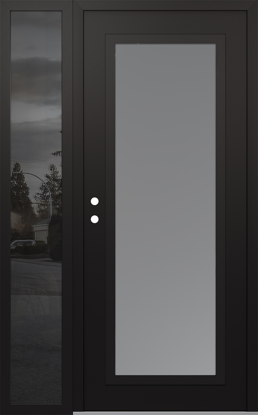 Modern Steel Front Door Diamond C1 48" x 80" black/white frosted Glass Panel black RHI with Sidelite mirrored Glass