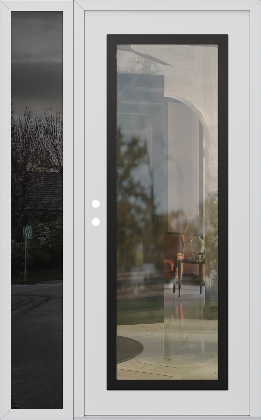 Modern Steel Front Door Diamond C1 48" x 80" white/white clear Glass Panel black RHI with Sidelite mirrored Glass