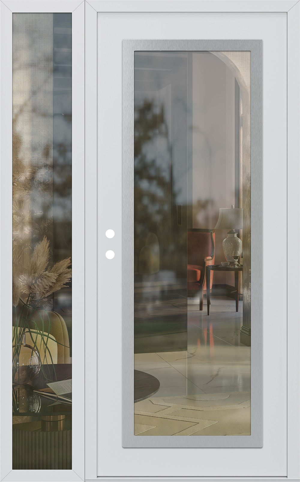 Modern Steel Front Door Diamond C1 48" x 80" white/white clear Glass Panel stainless steel RHI with Sidelite clear Glass