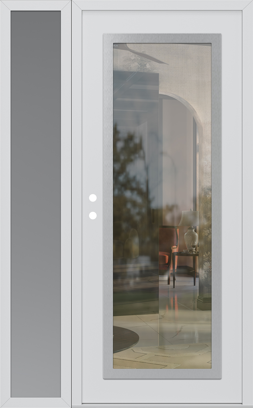 Modern Steel Front Door Diamond C1 48" x 80" white/white clear Glass Panel stainless steel RHI with Sidelite frosted Glass