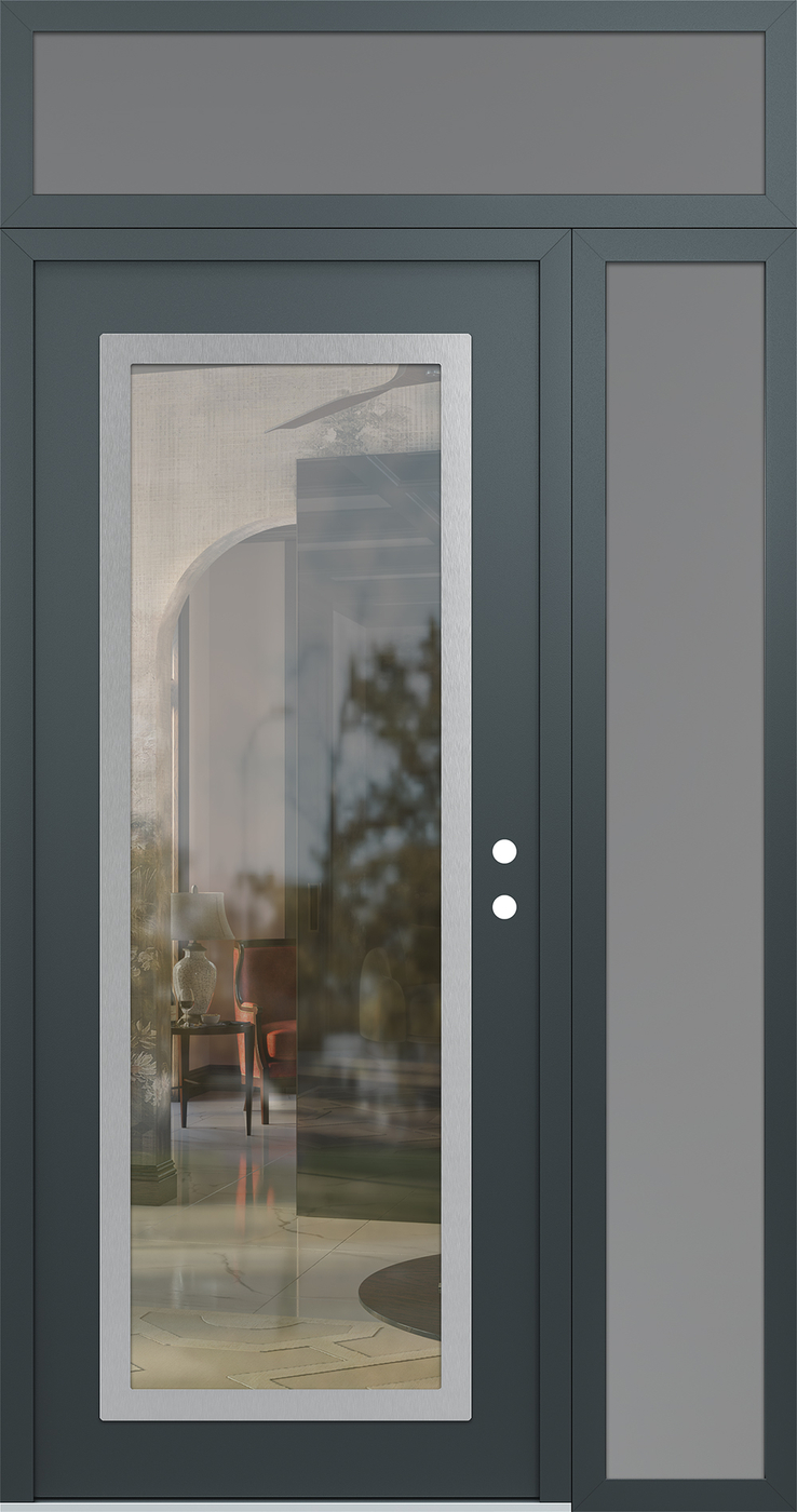 Modern Steel Front Door Diamond C1 48" x 96" anthracite/anthracite clear Glass Panel stainless steel LHI with Sidelite and Transom frosted Glass