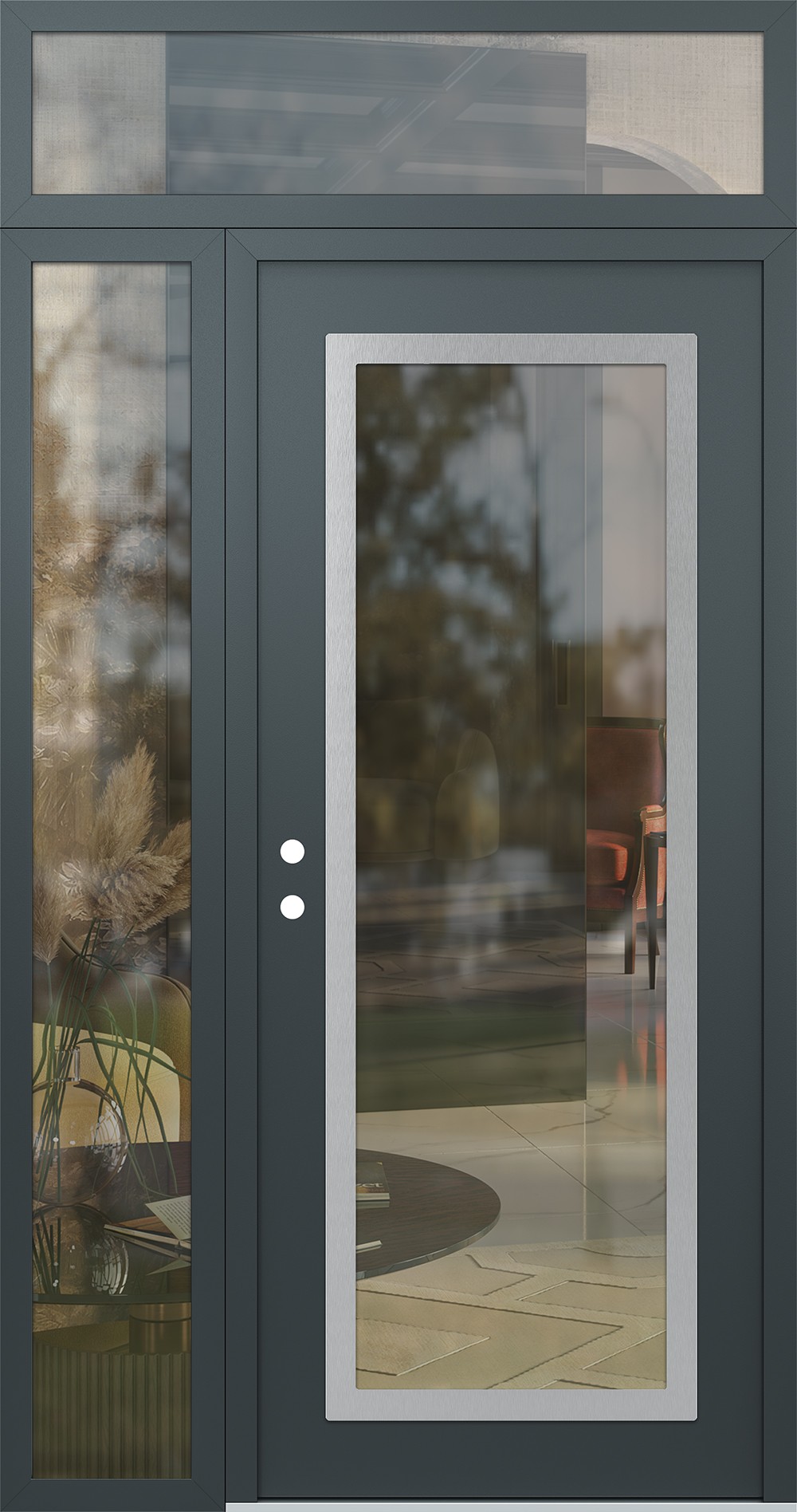 Modern Steel Front Door Diamond C1 48" x 96" anthracite/anthracite clear Glass Panel stainless steel RHI with Sidelite and Transom clear Glass