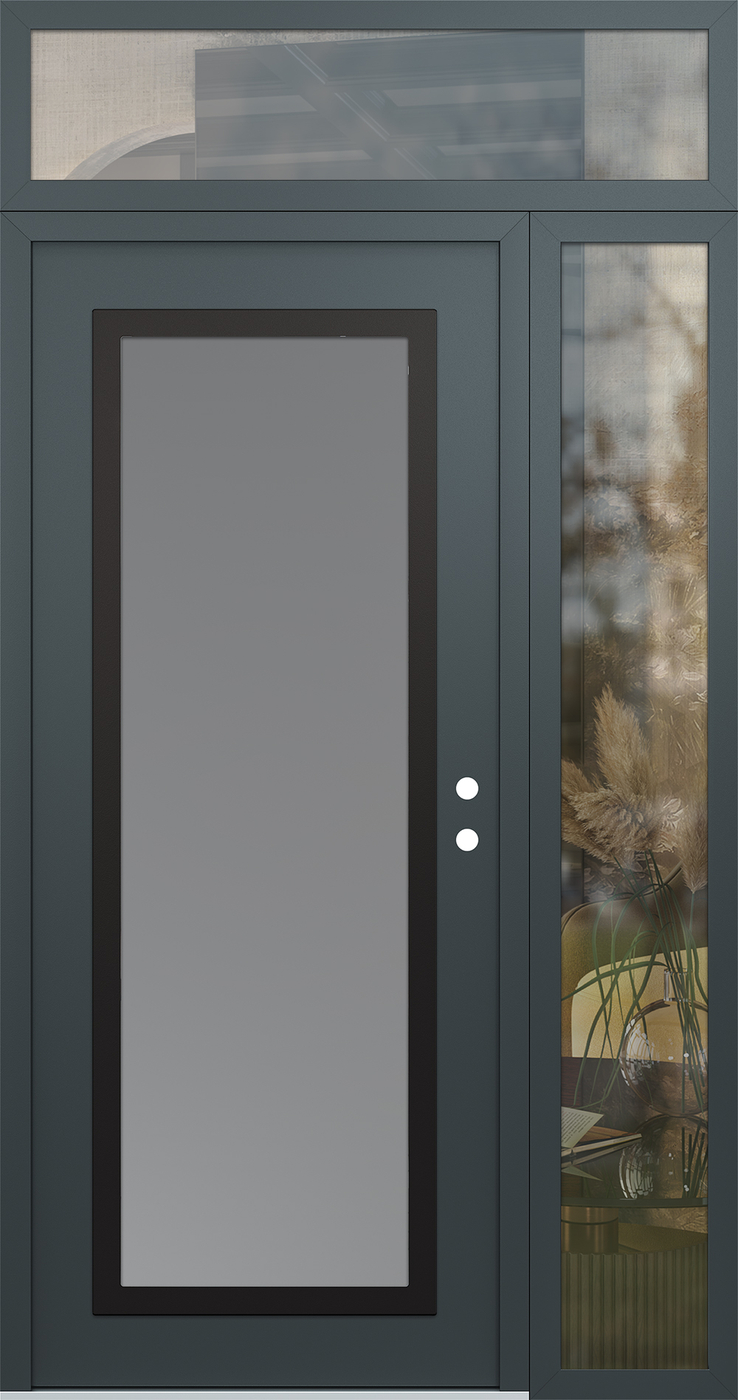 Modern Steel Front Door Diamond C1 48" x 96" anthracite/anthracite frosted Glass Panel black LHI with Sidelite and Transom clear Glass
