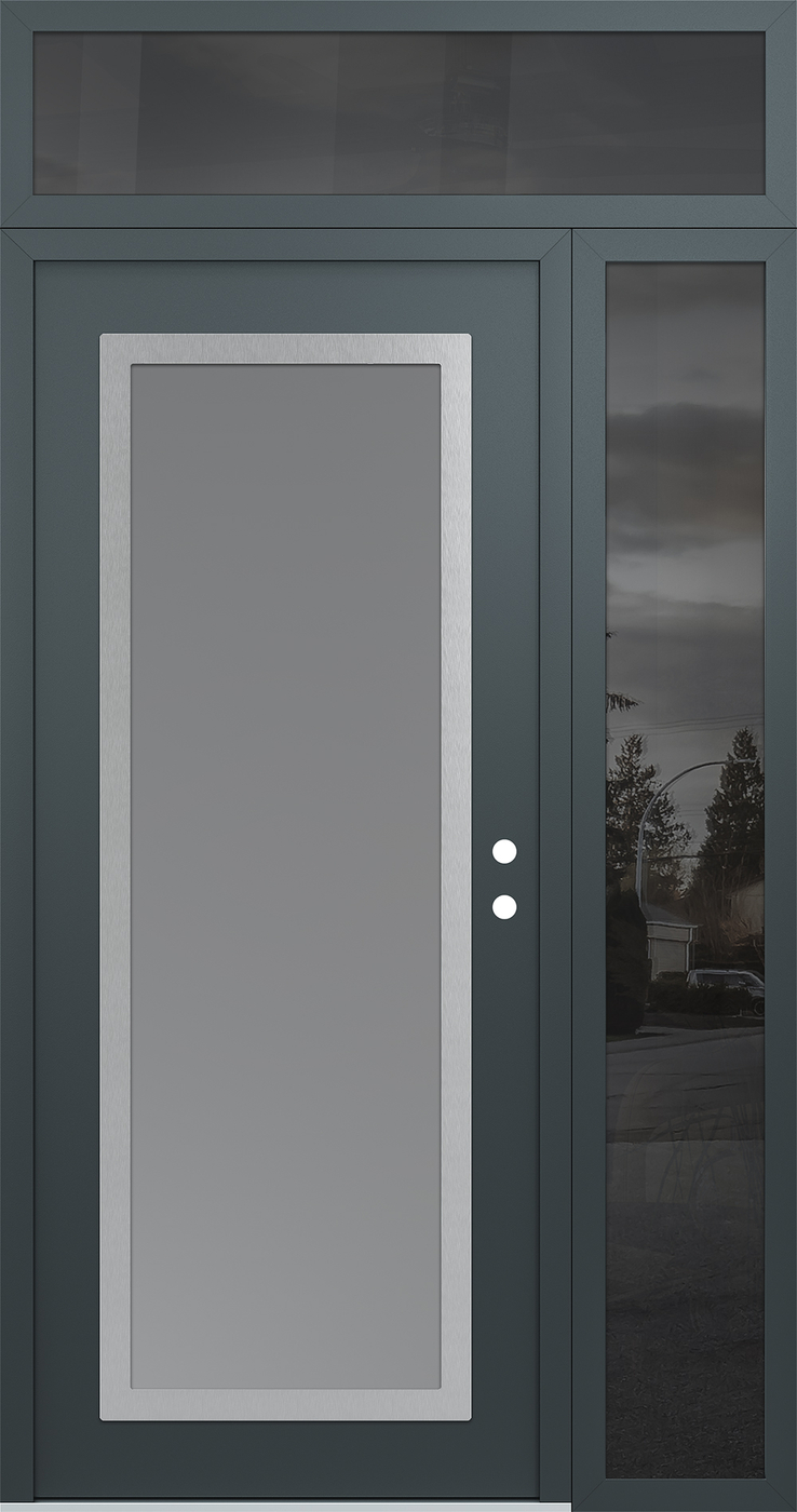 Modern Steel Front Door Diamond C1 48" x 96" anthracite/anthracite frosted Glass Panel stainless steel LHI with Sidelite and Transom mirrored Glass