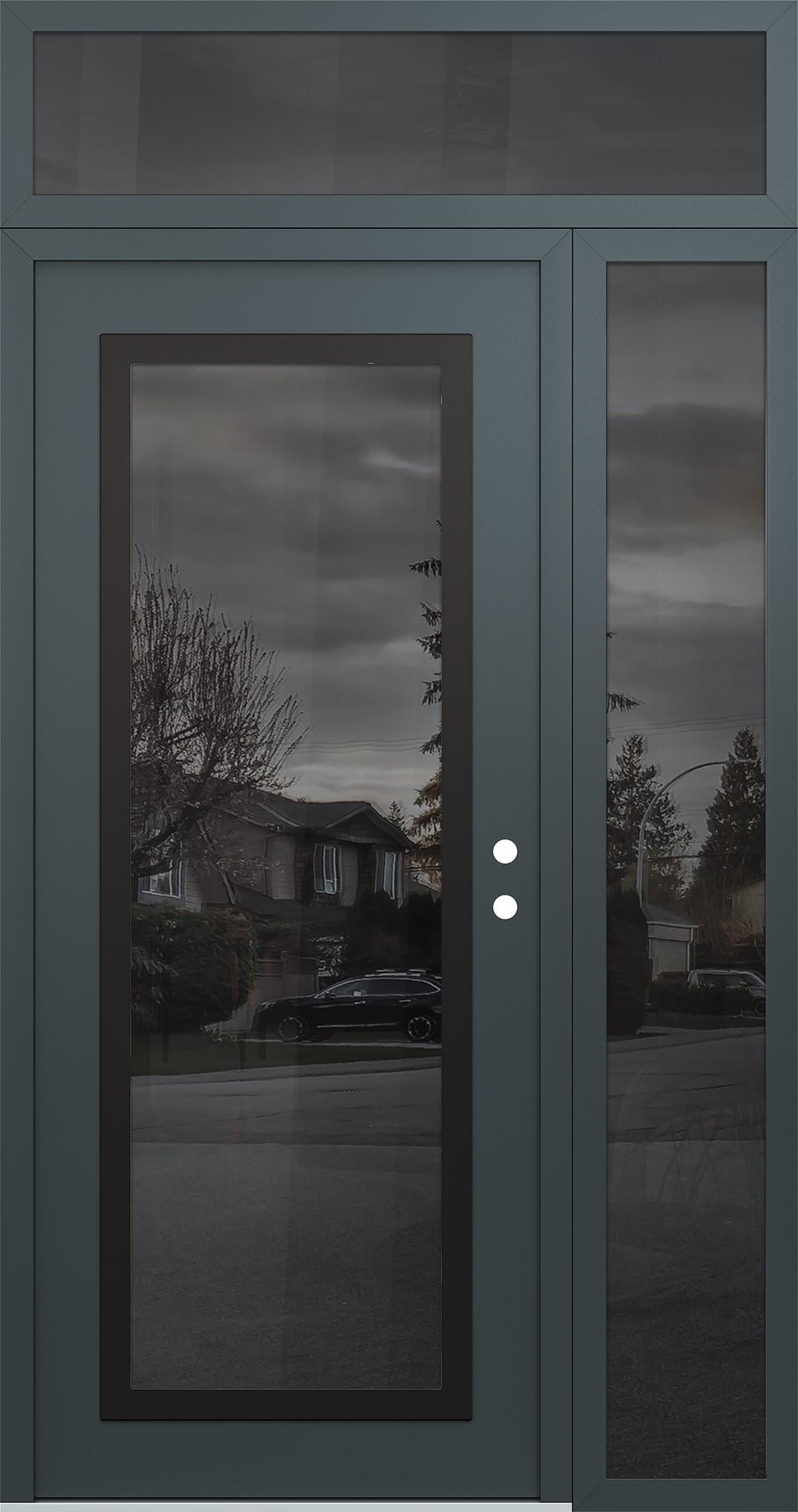 Modern Steel Front Door Diamond C1 48" x 96" anthracite/anthracite mirrored Glass Panel black LHI with Sidelite and Transom mirrored Glass