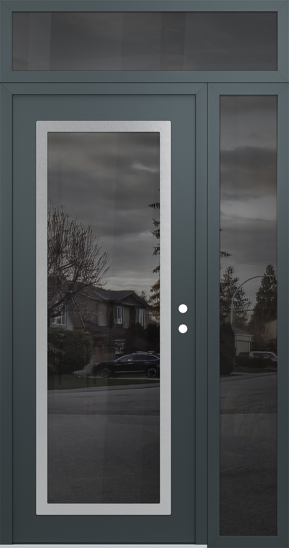 Modern Steel Front Door Diamond C1 48" x 96" anthracite/anthracite mirrored Glass Panel stainless steel LHI with Sidelite and Transom mirrored Glass