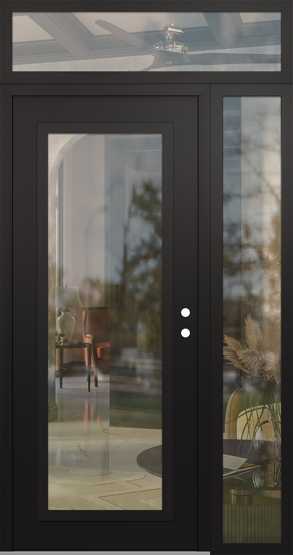 Modern Steel Front Door Diamond C1 48" x 96" black/black clear Glass Panel black LHI with Sidelite and Transom clear Glass