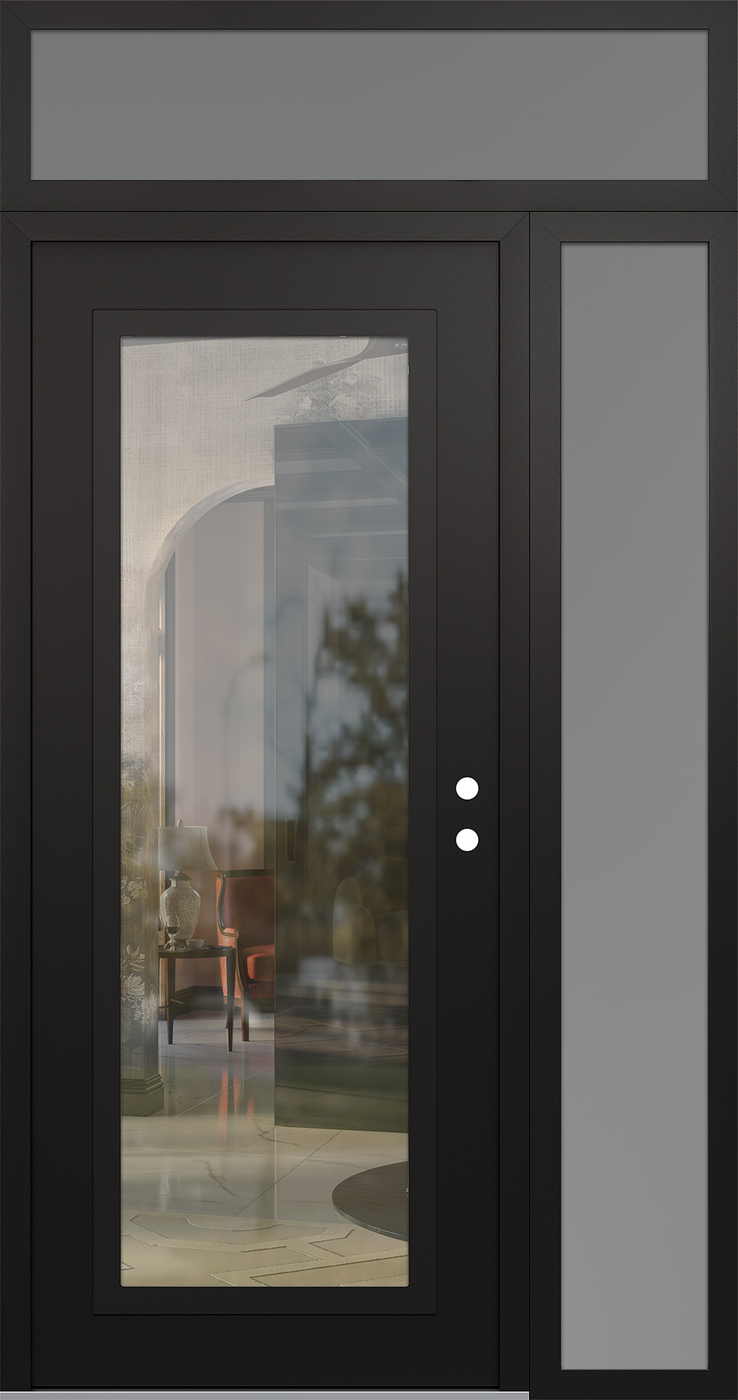 Modern Steel Front Door Diamond C1 48" x 96" black/black clear Glass Panel black LHI with Sidelite and Transom frosted Glass