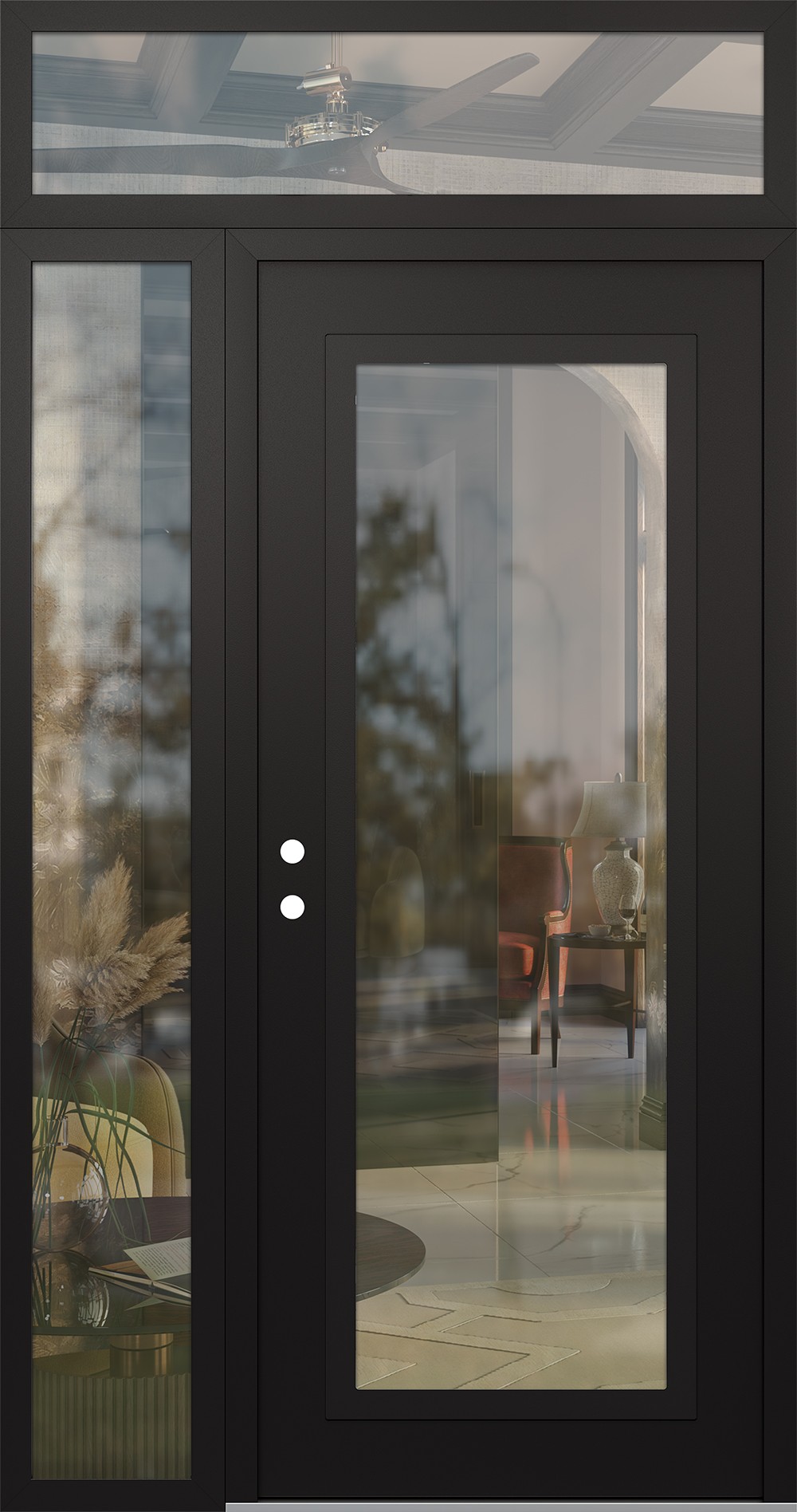 Modern Steel Front Door Diamond C1 48" x 96" black/black clear Glass Panel black RHI with Sidelite and Transom clear Glass