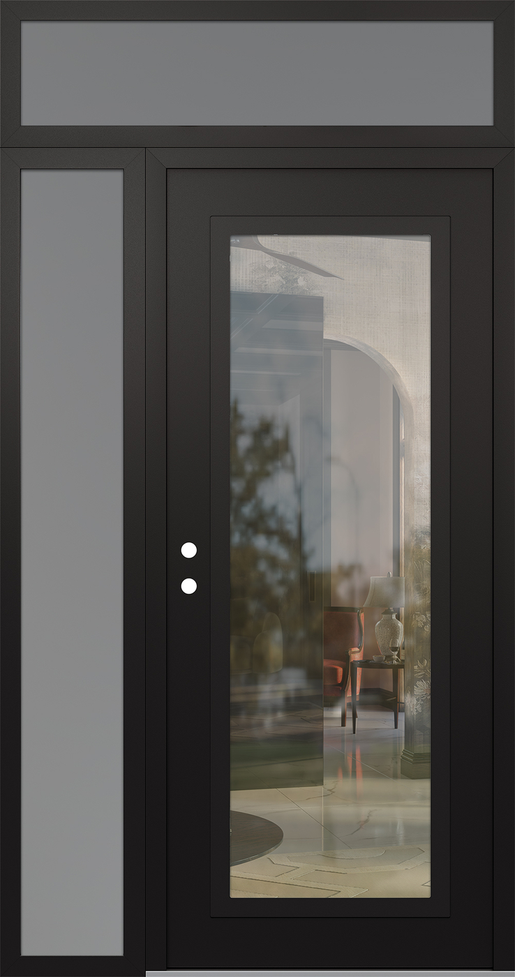 Modern Steel Front Door Diamond C1 48" x 96" black/black clear Glass Panel black RHI with Sidelite and Transom frosted Glass