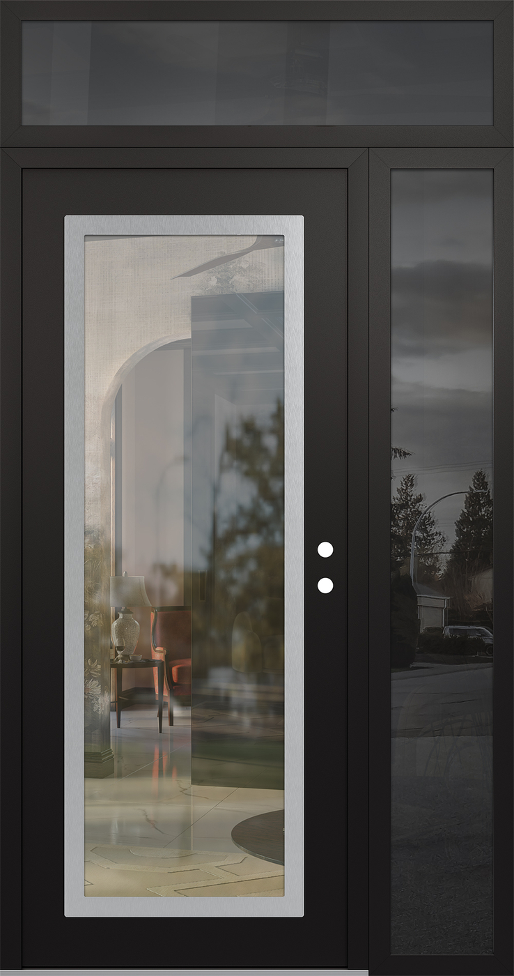 Modern Steel Front Door Diamond C1 48" x 96" black/black clear Glass Panel stainless steel LHI with Sidelite and Transom mirrored Glass