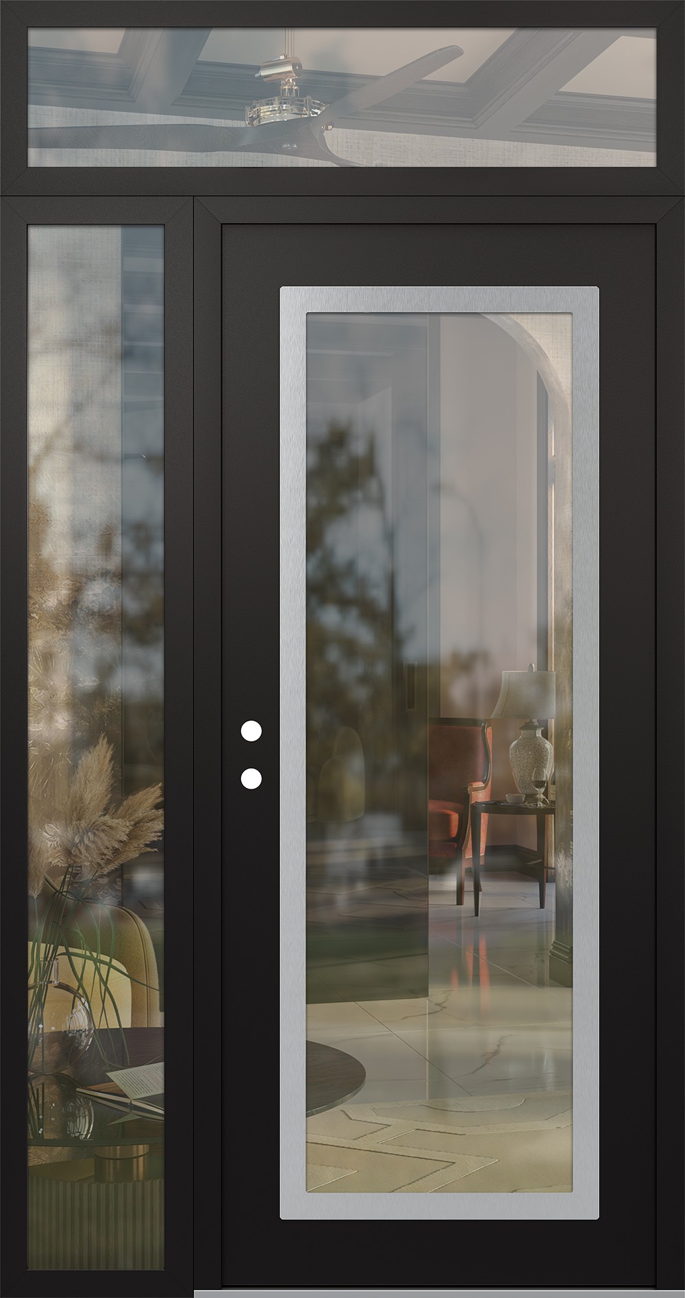 Modern Steel Front Door Diamond C1 48" x 96" black/black clear Glass Panel stainless steel RHI with Sidelite and Transom clear Glass