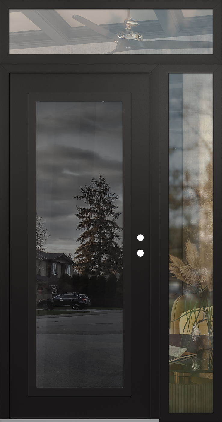 Modern Steel Front Door Diamond C1 48" x 96" black/black mirrored Glass Panel black LHI with Sidelite and Transom clear Glass