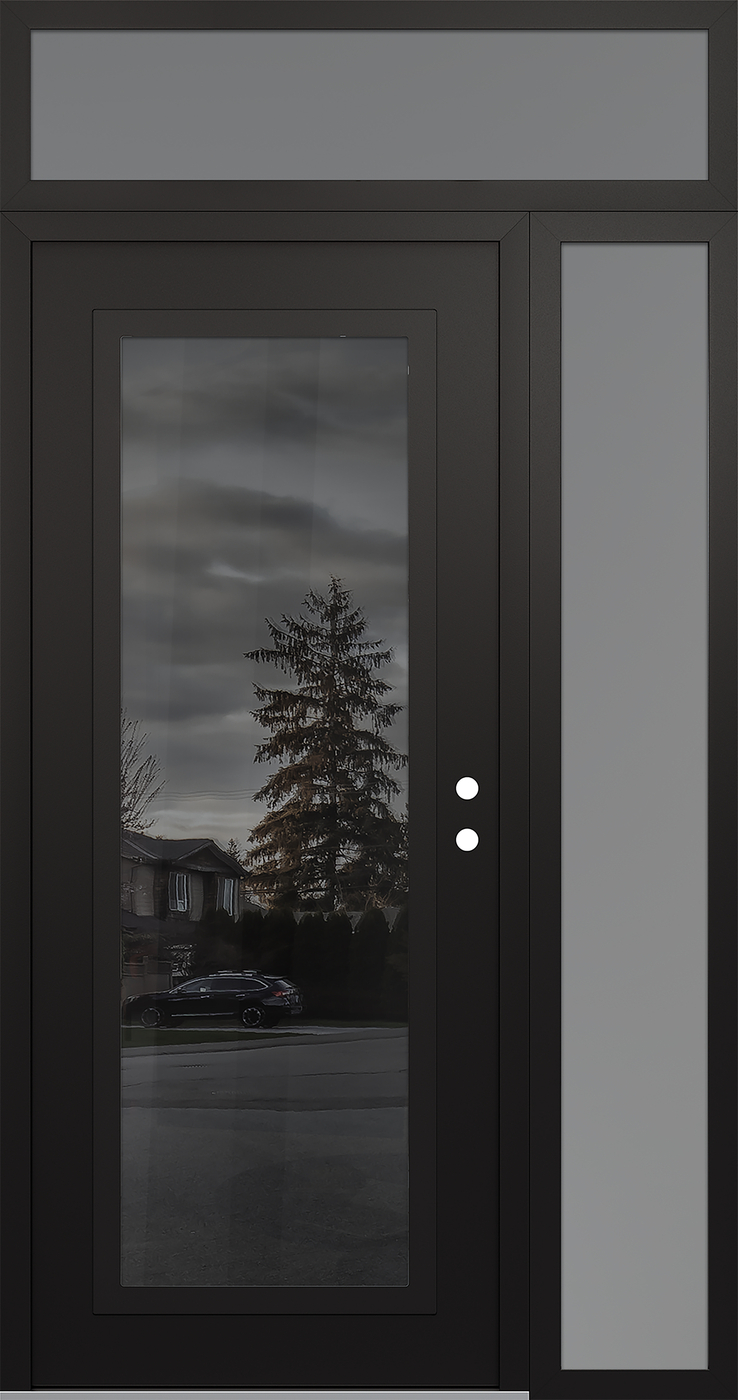 Modern Steel Front Door Diamond C1 48" x 96" black/black mirrored Glass Panel black LHI with Sidelite and Transom frosted Glass