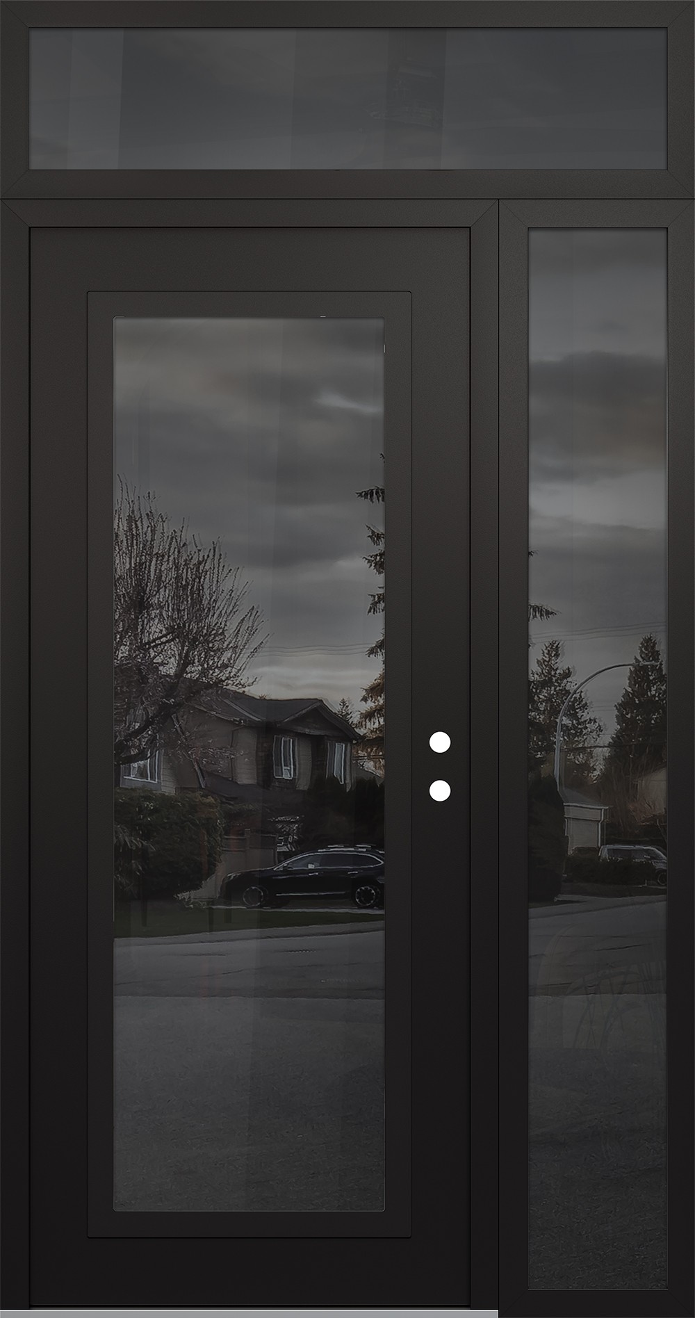 Modern Steel Front Door Diamond C1 48" x 96" black/black mirrored Glass Panel black LHI with Sidelite and Transom mirrored Glass