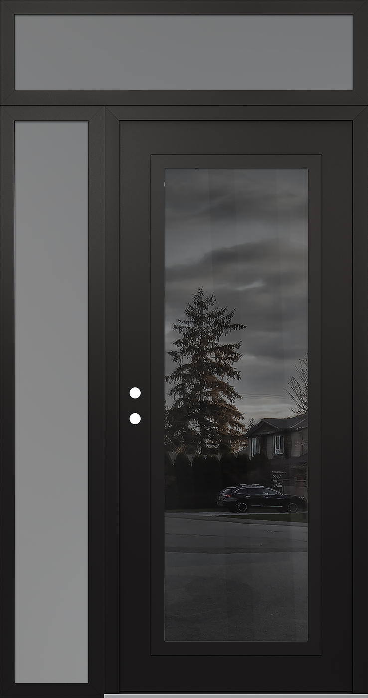 Modern Steel Front Door Diamond C1 48" x 96" black/black mirrored Glass Panel black RHI with Sidelite and Transom frosted Glass