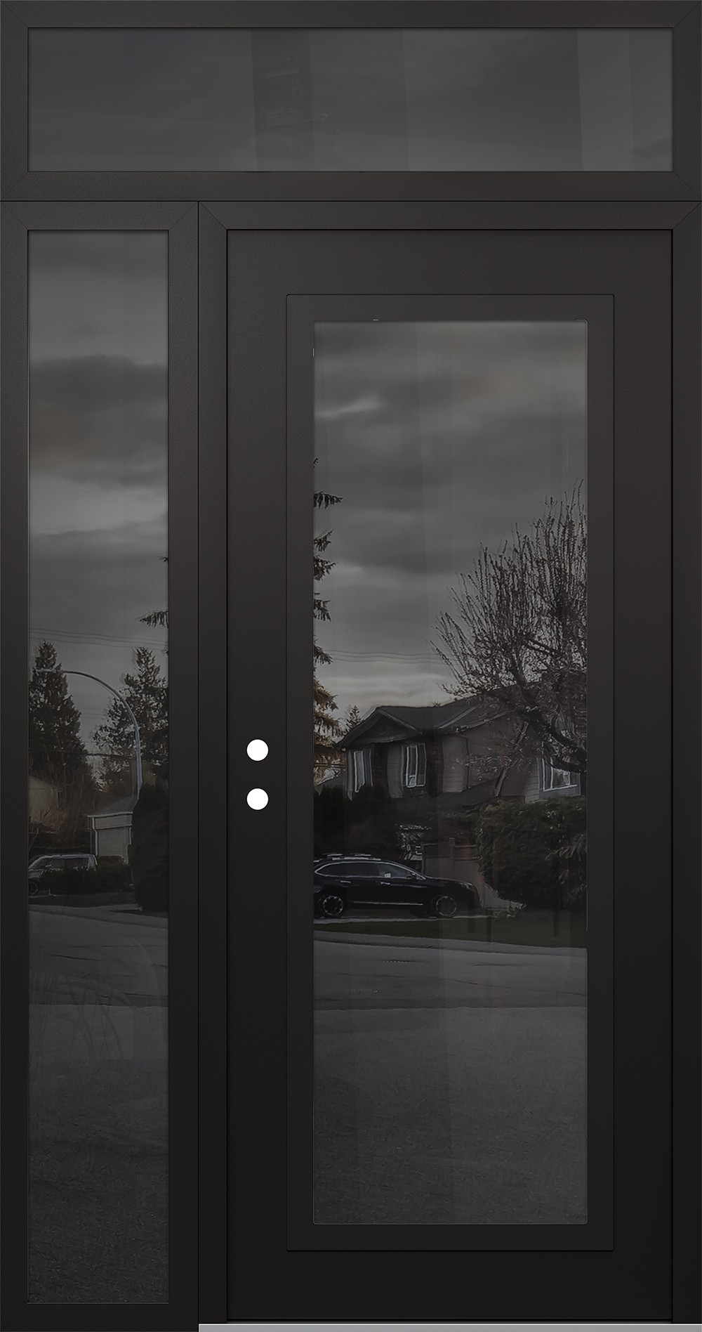 Modern Steel Front Door Diamond C1 48" x 96" black/black mirrored Glass Panel black RHI with Sidelite and Transom mirrored Glass