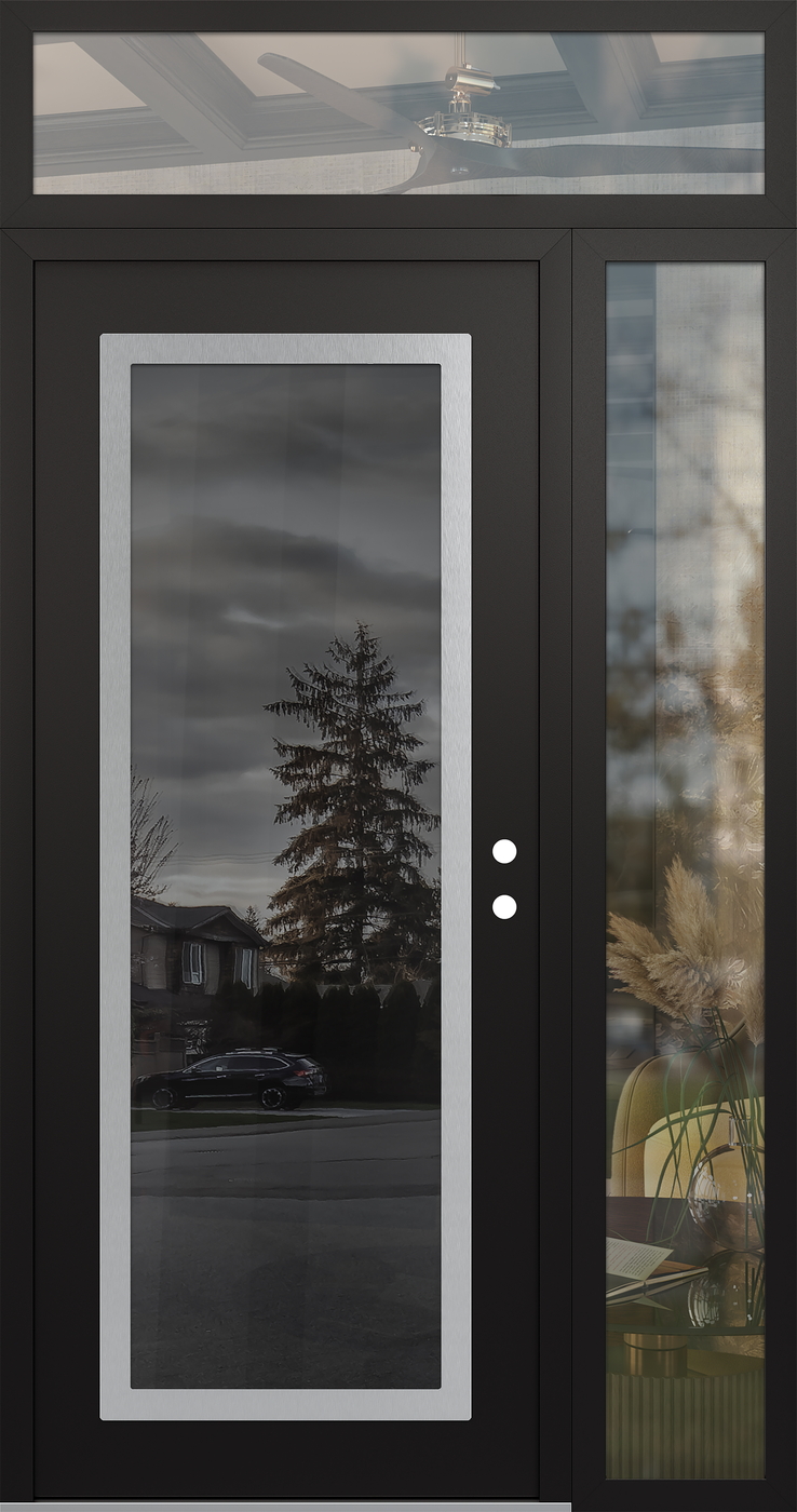 Modern Steel Front Door Diamond C1 48" x 96" black/black mirrored Glass Panel stainless steel LHI with Sidelite and Transom clear Glass