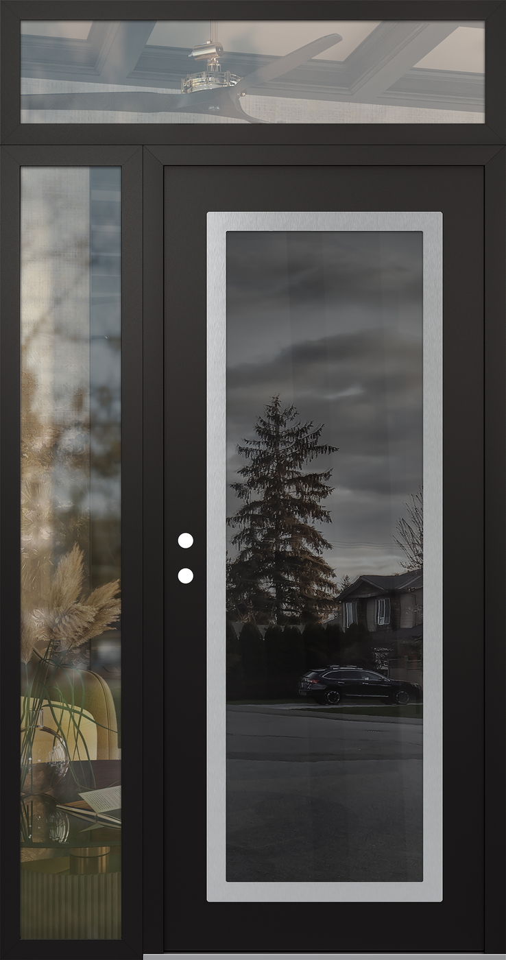 Modern Steel Front Door Diamond C1 48" x 96" black/black mirrored Glass Panel stainless steel RHI with Sidelite and Transom clear Glass