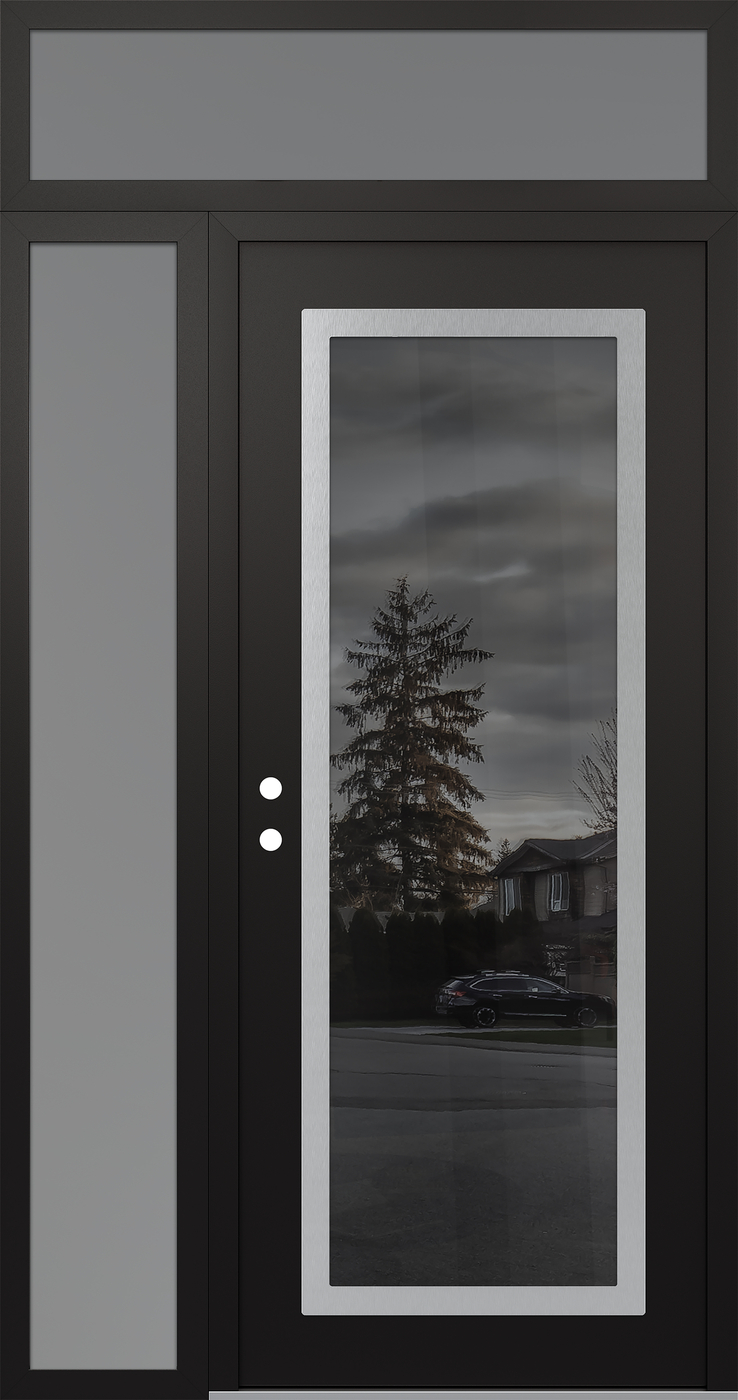 Modern Steel Front Door Diamond C1 48" x 96" black/black mirrored Glass Panel stainless steel RHI with Sidelite and Transom frosted Glass