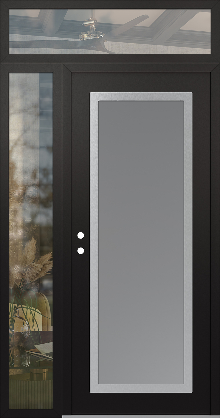 Modern Steel Front Door Diamond C1 48" x 96" black/white frosted Glass Panel stainless steel RHI with Sidelite and Transom clear Glass