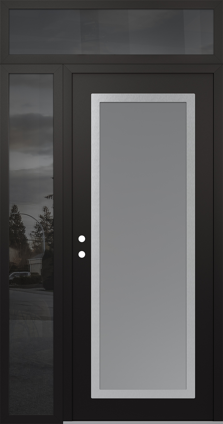 Modern Steel Front Door Diamond C1 48" x 96" black/white frosted Glass Panel stainless steel RHI with Sidelite and Transom mirrored Glass