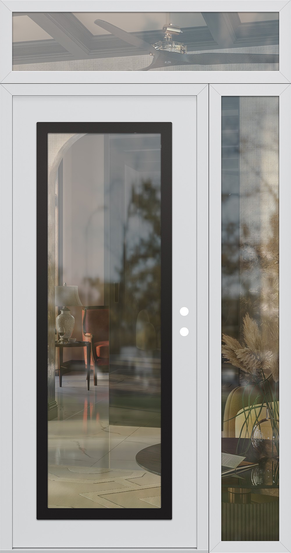 Modern Steel Front Door Diamond C1 48" x 96" white/white clear Glass Panel black LHI with Sidelite and Transom clear Glass