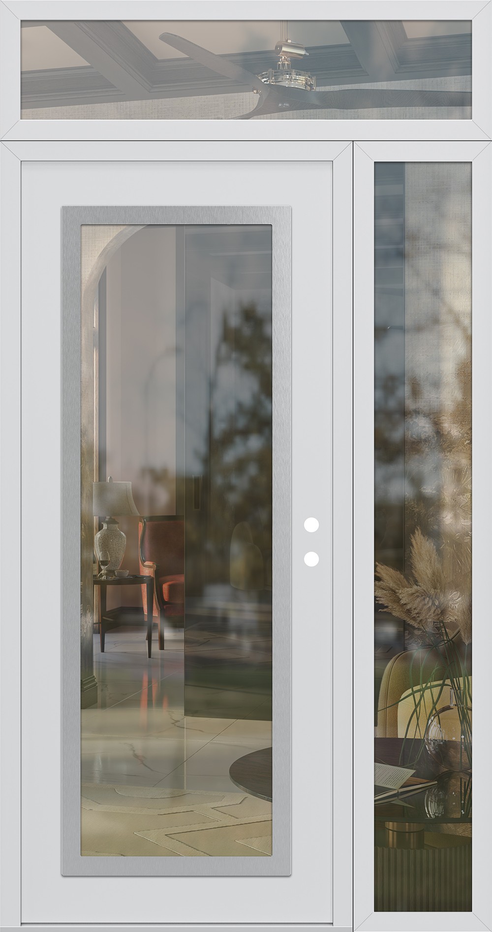 Modern Steel Front Door Diamond C1 48" x 96" white/white clear Glass Panel stainless steel LHI with Sidelite and Transom clear Glass
