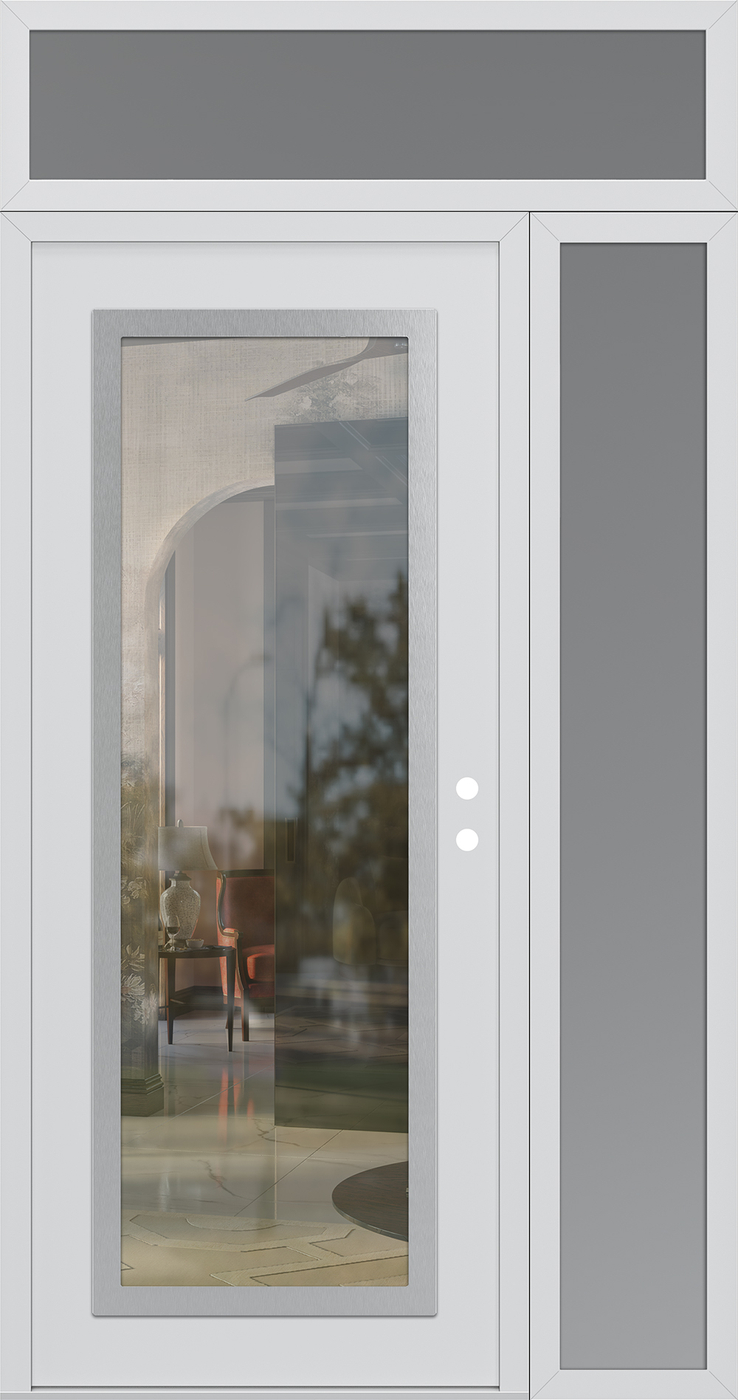 Modern Steel Front Door Diamond C1 48" x 96" white/white clear Glass Panel stainless steel LHI with Sidelite and Transom frosted Glass