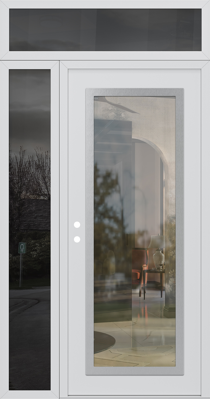 Modern Steel Front Door Diamond C1 48" x 96" white/white clear Glass Panel stainless steel RHI with Sidelite and Transom mirrored Glass