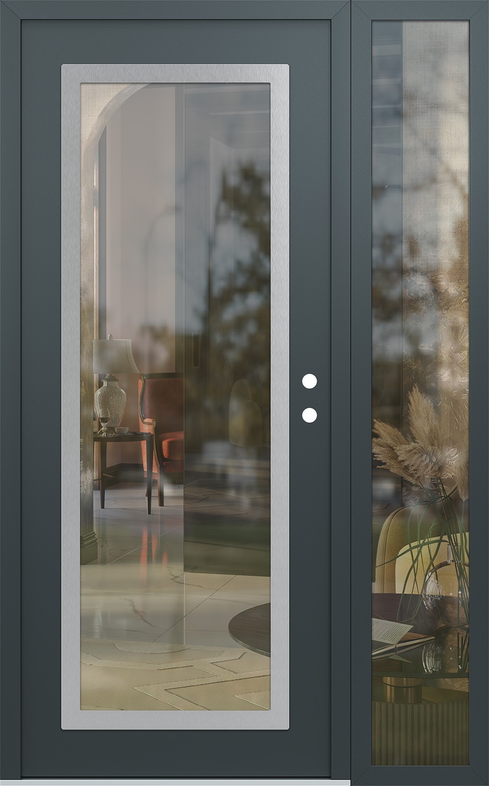 Modern Steel Front Door Diamond C1 50" x 80" anthracite/anthracite clear Glass Panel stainless steel LHI with Sidelite clear Glass