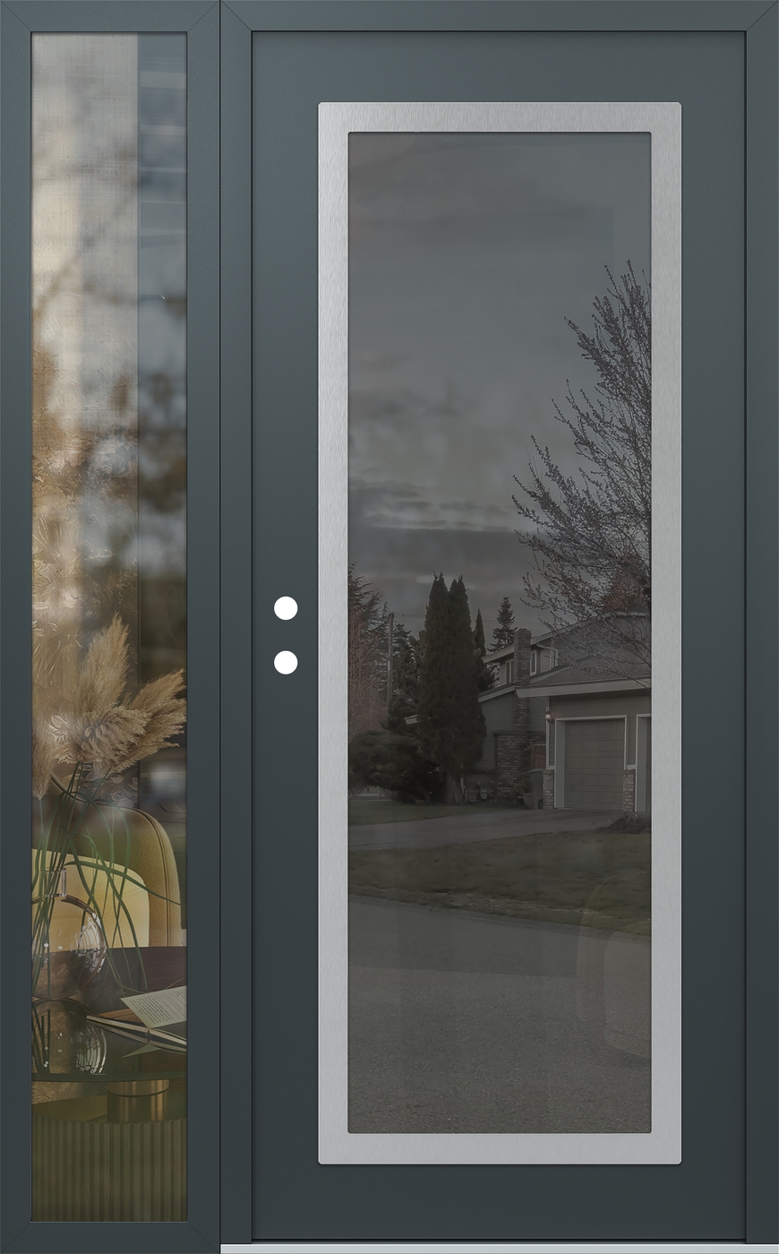 Modern Steel Front Door Diamond C1 50" x 80" anthracite/anthracite mirrored Glass Panel stainless steel RHI with Sidelite clear Glass