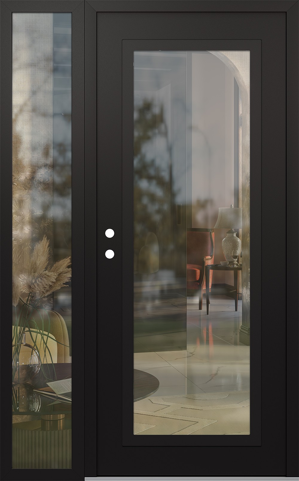 Modern Steel Front Door Diamond C1 50" x 80" black/black clear Glass Panel black RHI with Sidelite clear Glass
