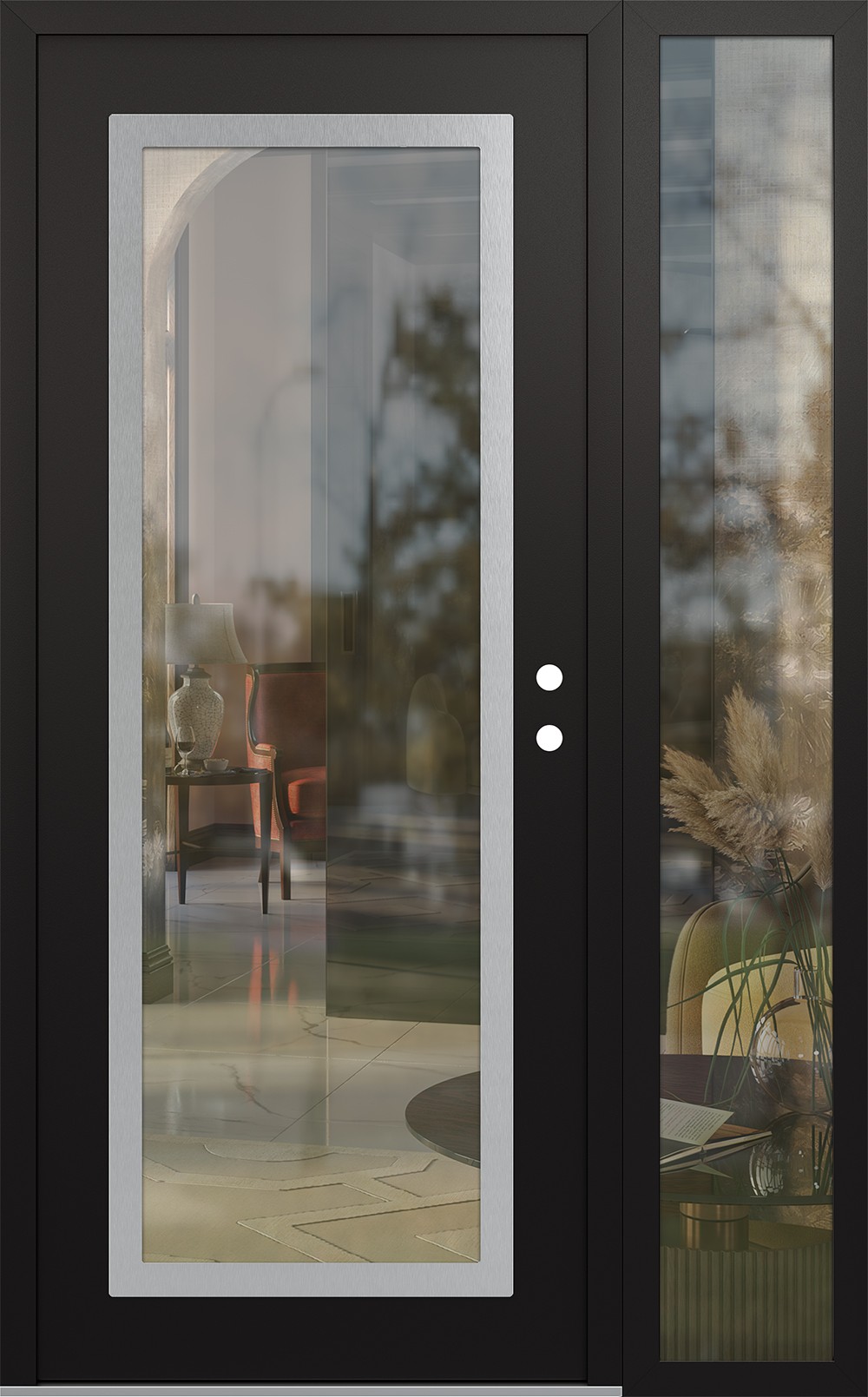 Modern Steel Front Door Diamond C1 50" x 80" black/black clear Glass Panel stainless steel LHI with Sidelite clear Glass