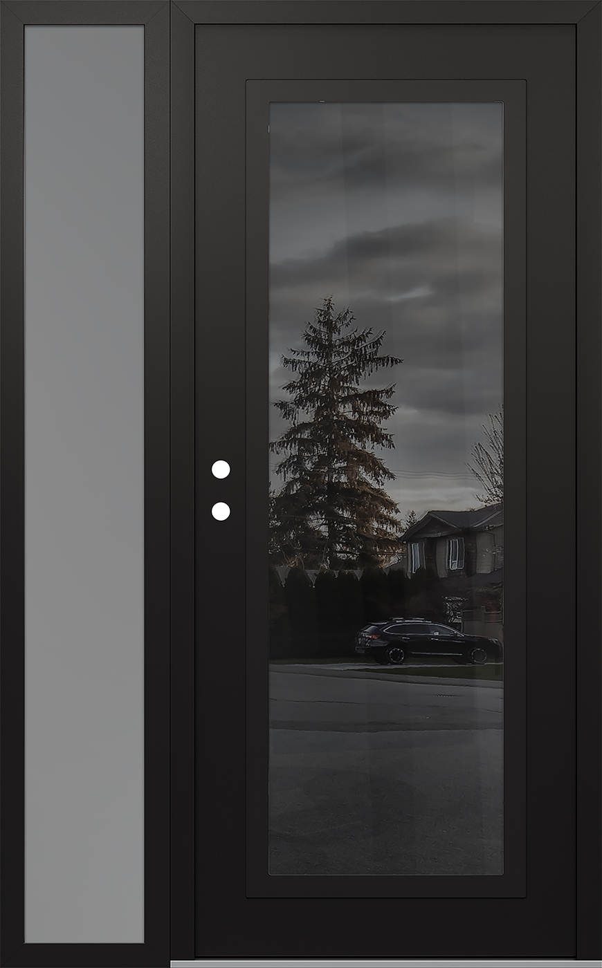 Modern Steel Front Door Diamond C1 50" x 80" black/black mirrored Glass Panel black RHI with Sidelite frosted Glass