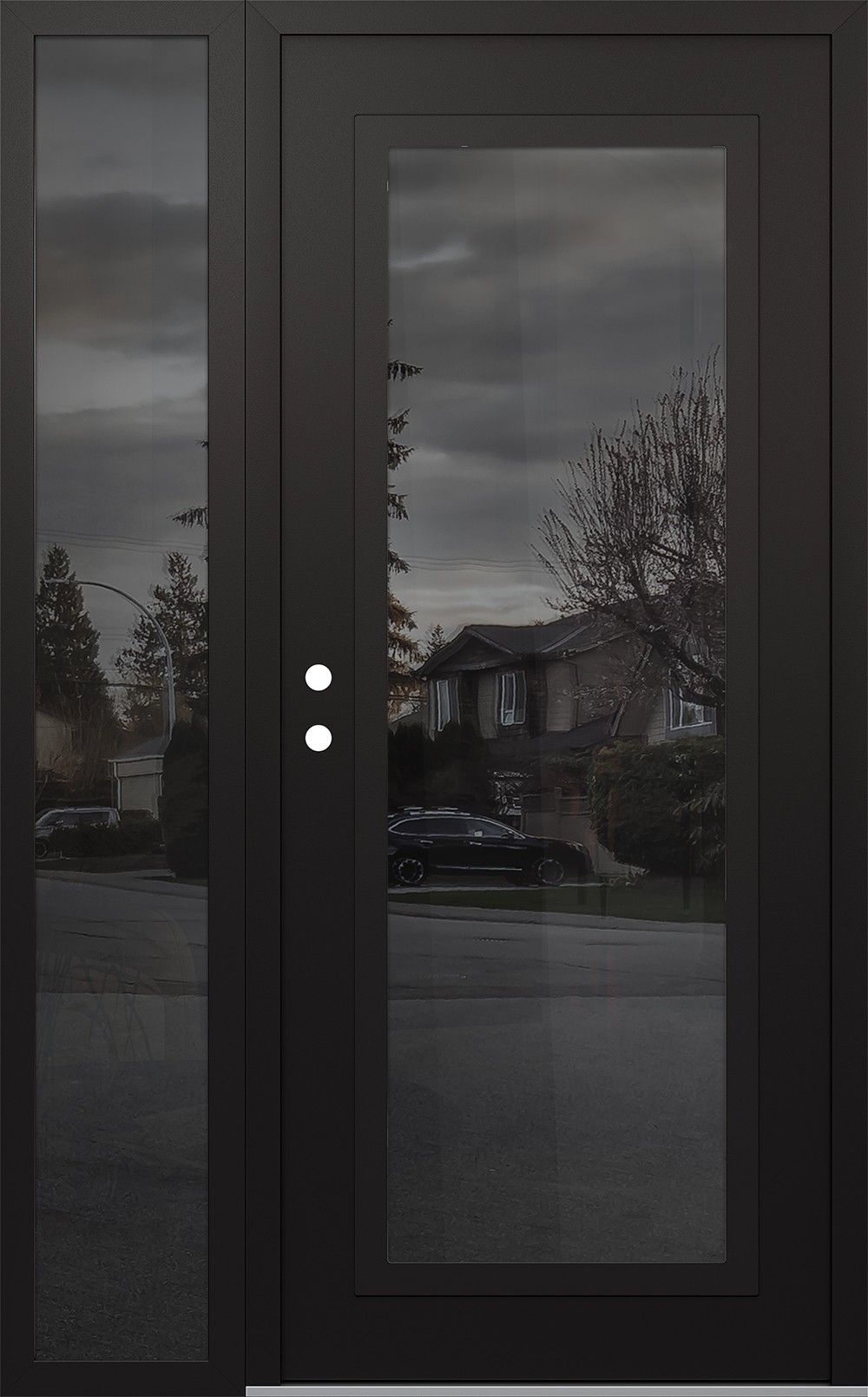Modern Steel Front Door Diamond C1 50" x 80" black/black mirrored Glass Panel black RHI with Sidelite mirrored Glass