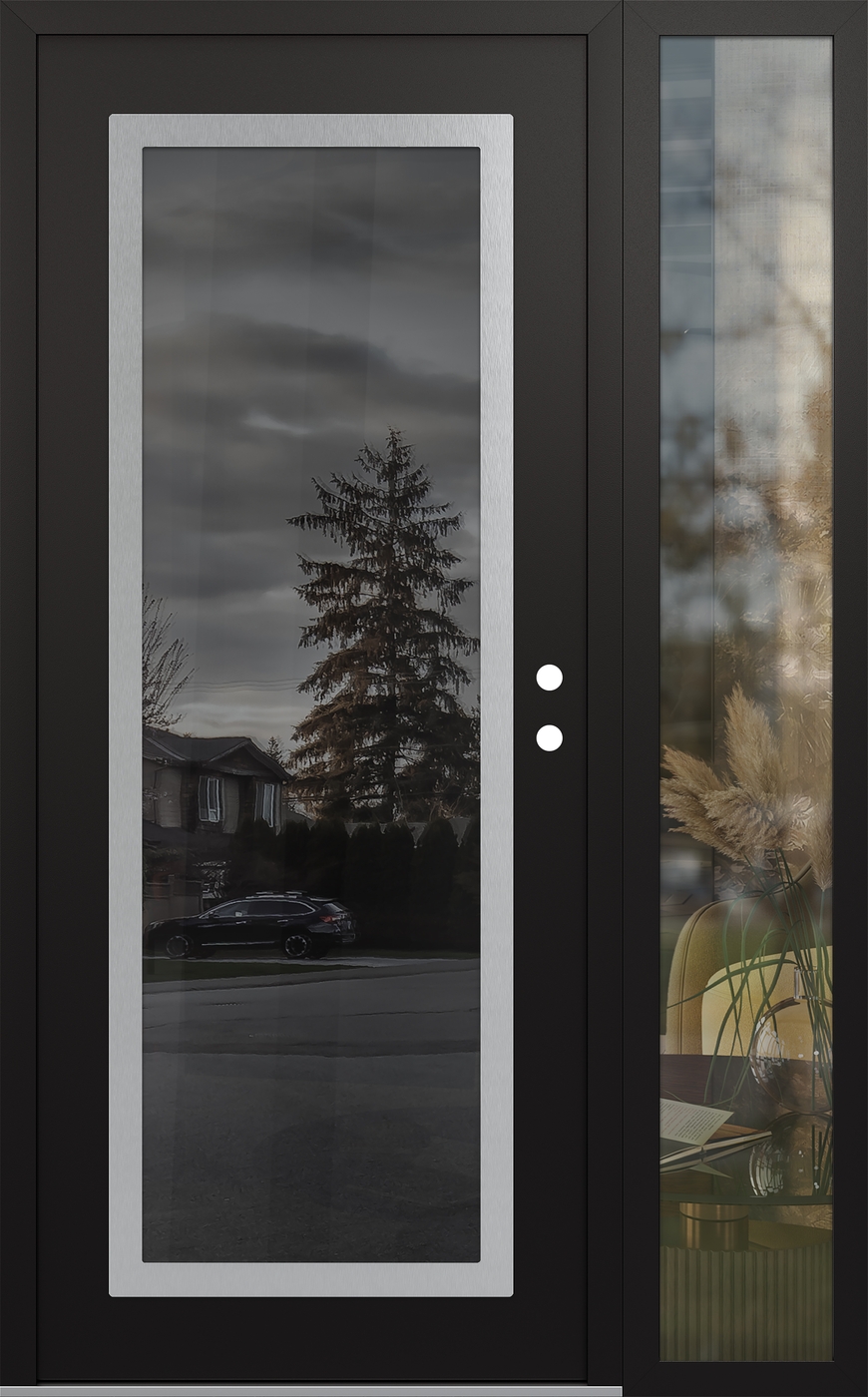 Modern Steel Front Door Diamond C1 50" x 80" black/black mirrored Glass Panel stainless steel LHI with Sidelite clear Glass