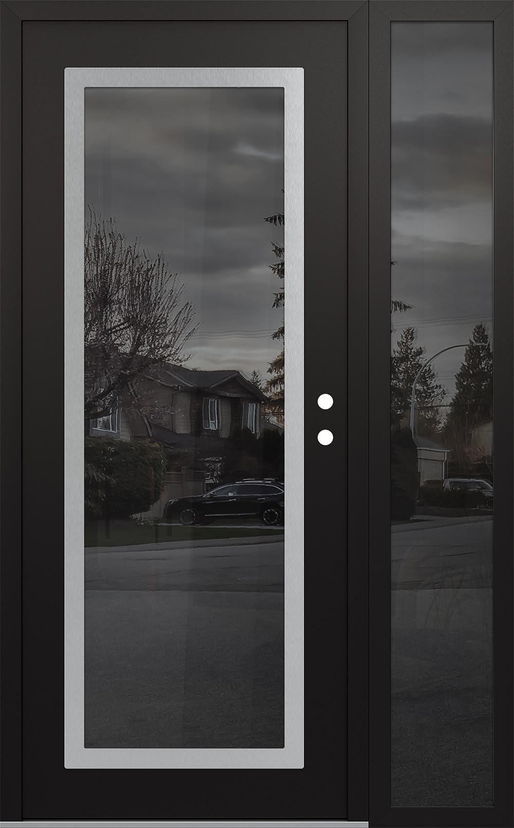 Modern Steel Front Door Diamond C1 50" x 80" black/black mirrored Glass Panel stainless steel LHI with Sidelite mirrored Glass