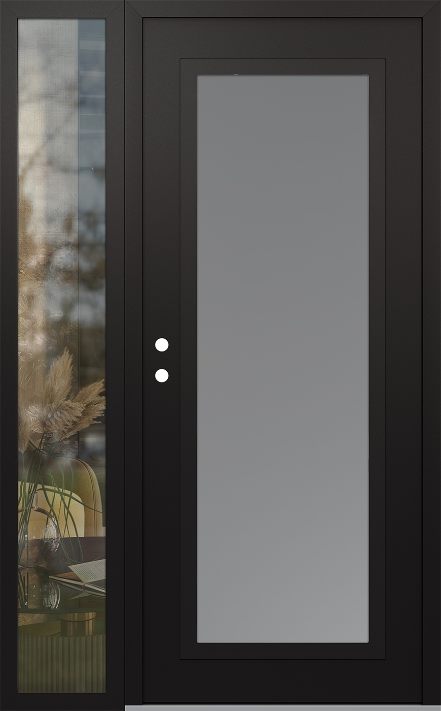 Modern Steel Front Door Diamond C1 50" x 80" black/white frosted Glass Panel black RHI with Sidelite clear Glass