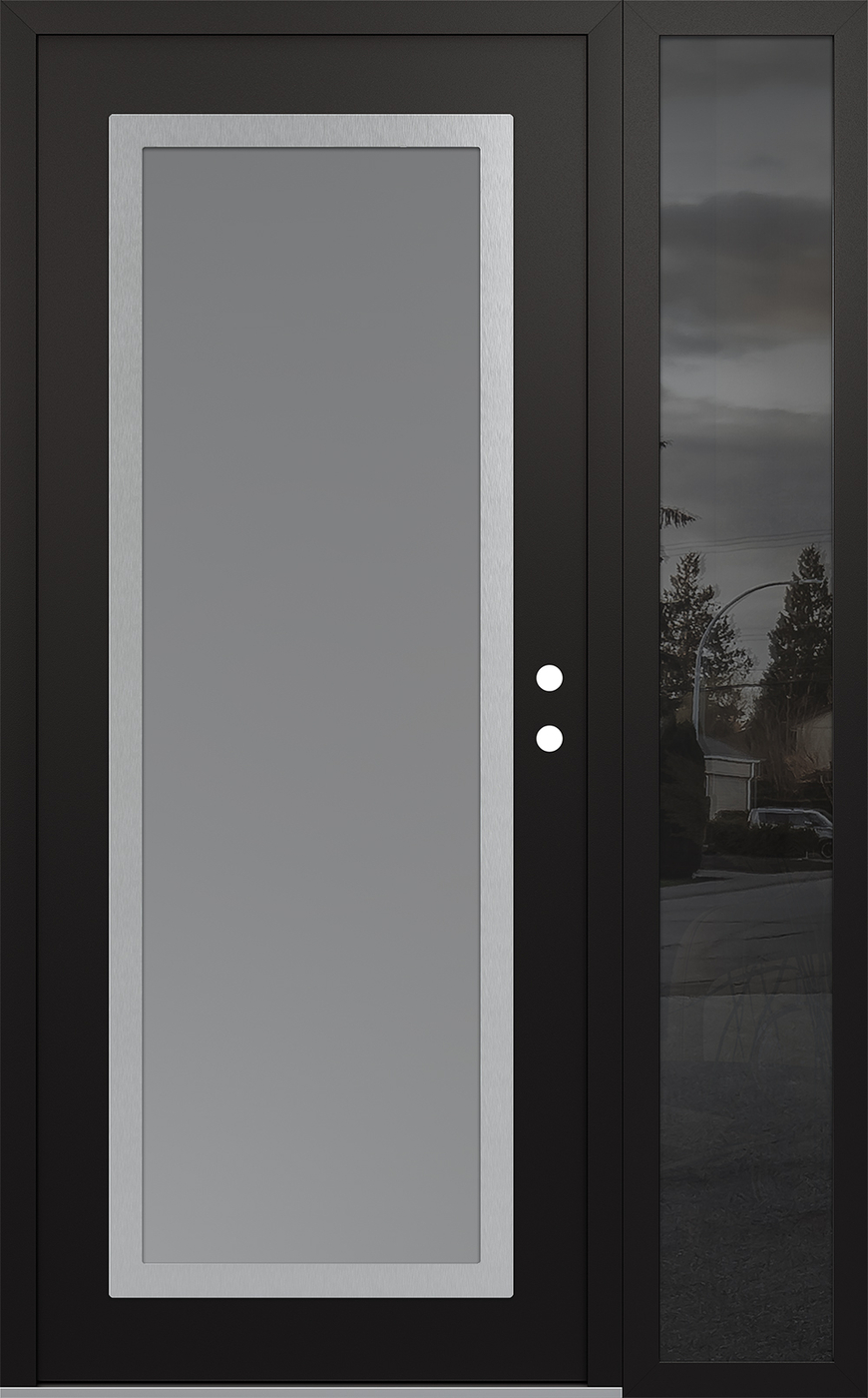 Modern Steel Front Door Diamond C1 50" x 80" black/white frosted Glass Panel stainless steel LHI with Sidelite mirrored Glass