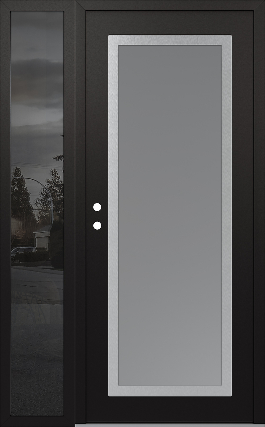 Modern Steel Front Door Diamond C1 50" x 80" black/white frosted Glass Panel stainless steel RHI with Sidelite mirrored Glass