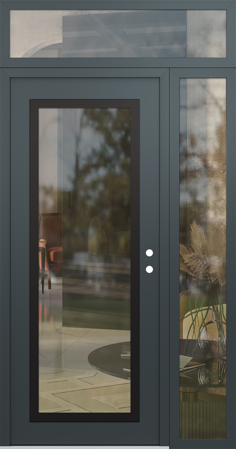 Modern Steel Front Door Diamond C1 50" x 96" anthracite/anthracite clear Glass Panel black LHI with Sidelite and Transom clear Glass