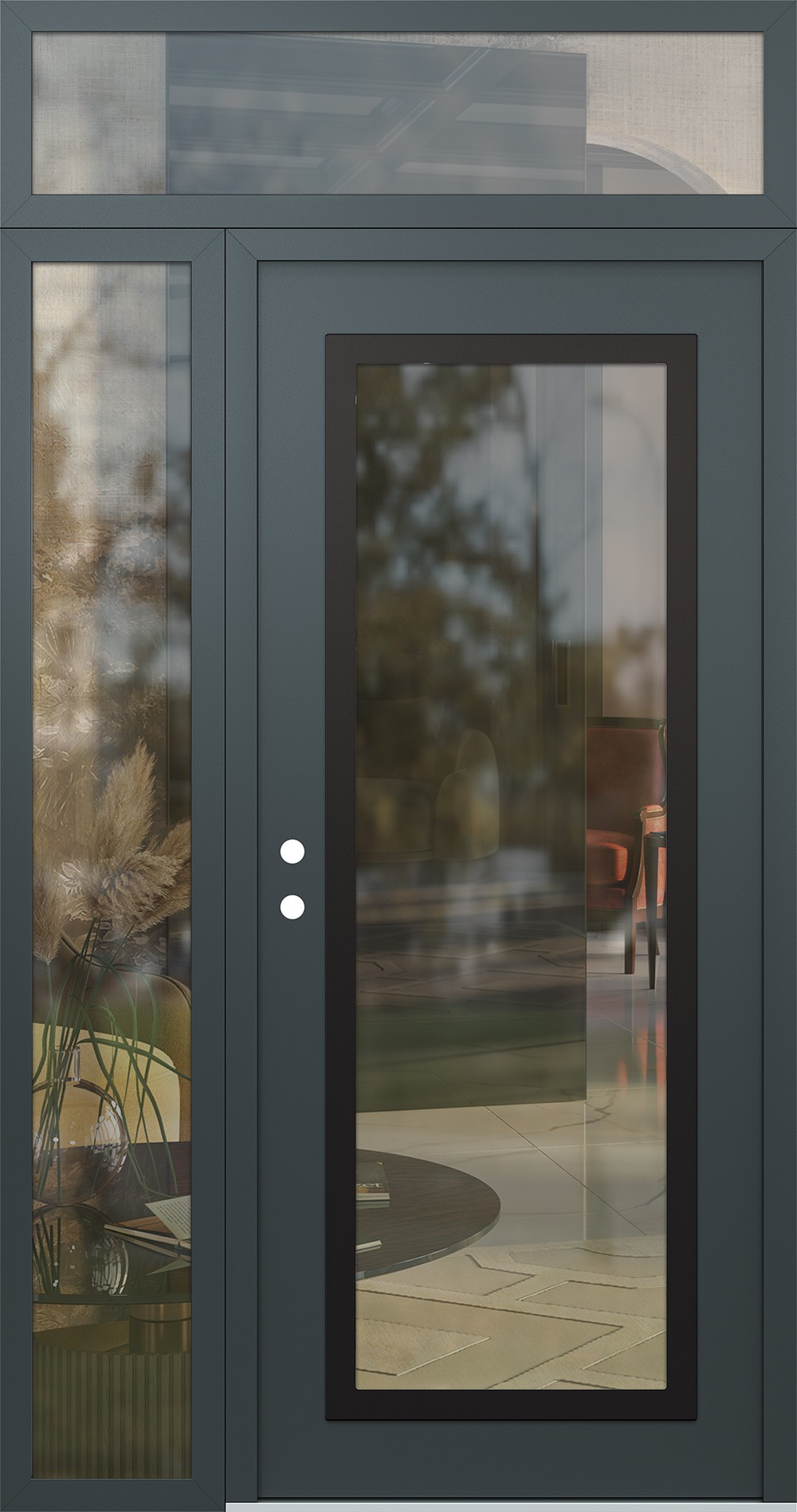 Modern Steel Front Door Diamond C1 50" x 96" anthracite/anthracite clear Glass Panel black RHI with Sidelite and Transom clear Glass