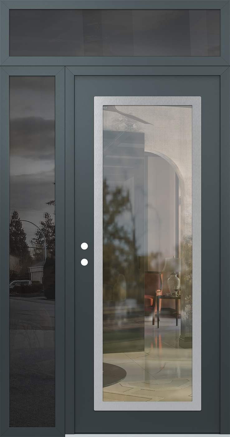 Modern Steel Front Door Diamond C1 50" x 96" anthracite/anthracite clear Glass Panel stainless steel RHI with Sidelite and Transom mirrored Glass