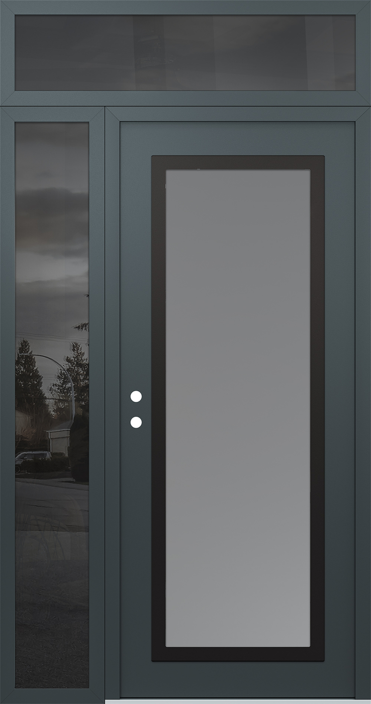Modern Steel Front Door Diamond C1 50" x 96" anthracite/anthracite frosted Glass Panel black RHI with Sidelite and Transom mirrored Glass