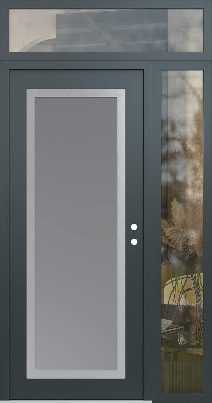 Modern Steel Front Door Diamond C1 50" x 96" anthracite/anthracite frosted Glass Panel stainless steel LHI with Sidelite and Transom clear Glass
