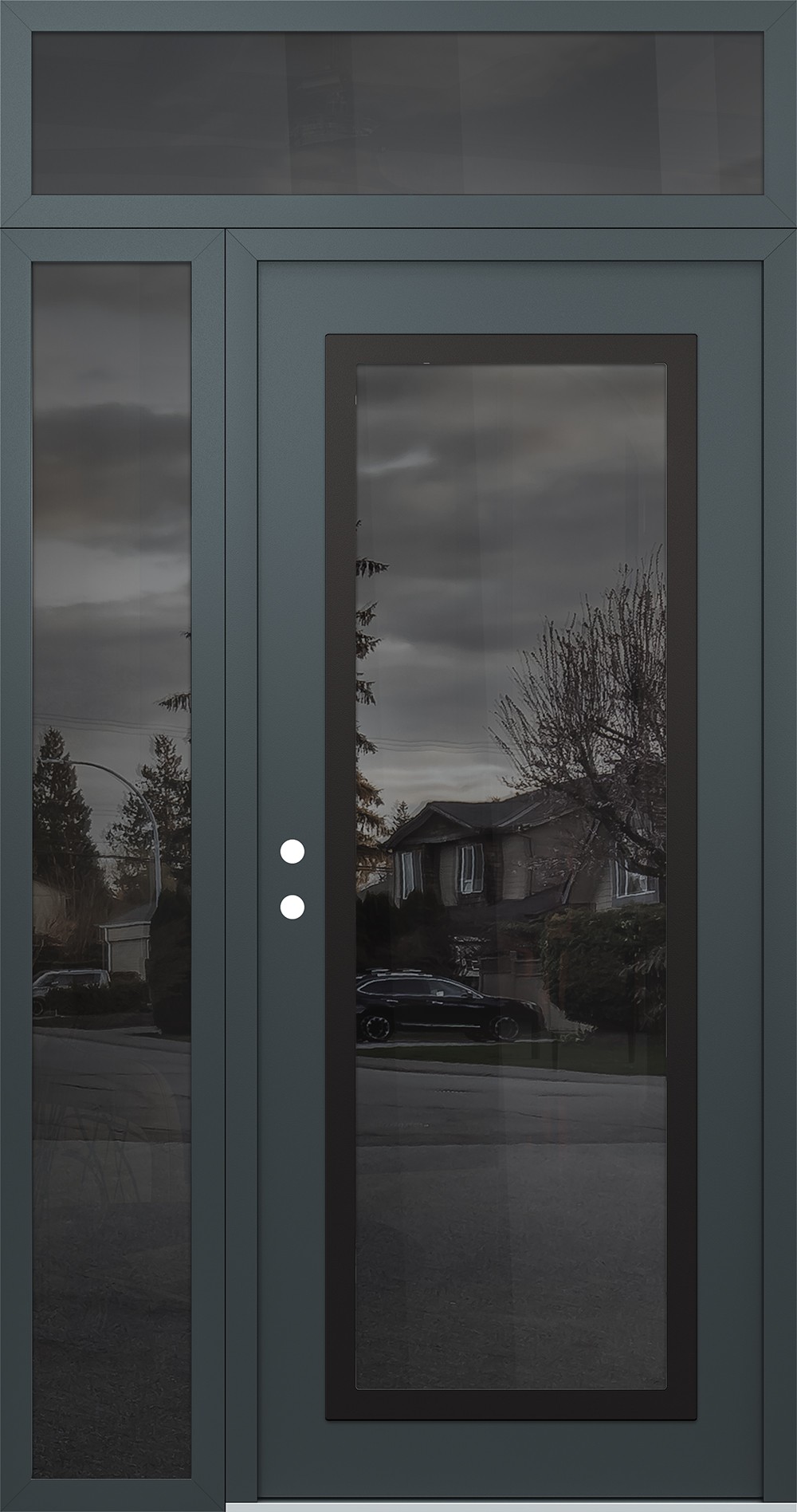 Modern Steel Front Door Diamond C1 50" x 96" anthracite/anthracite mirrored Glass Panel black RHI with Sidelite and Transom mirrored Glass