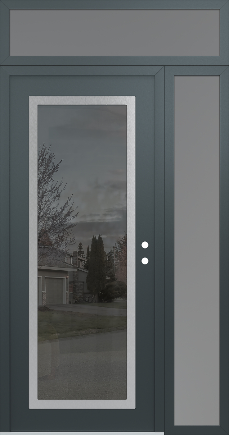 Modern Steel Front Door Diamond C1 50" x 96" anthracite/anthracite mirrored Glass Panel stainless steel LHI with Sidelite and Transom frosted Glass